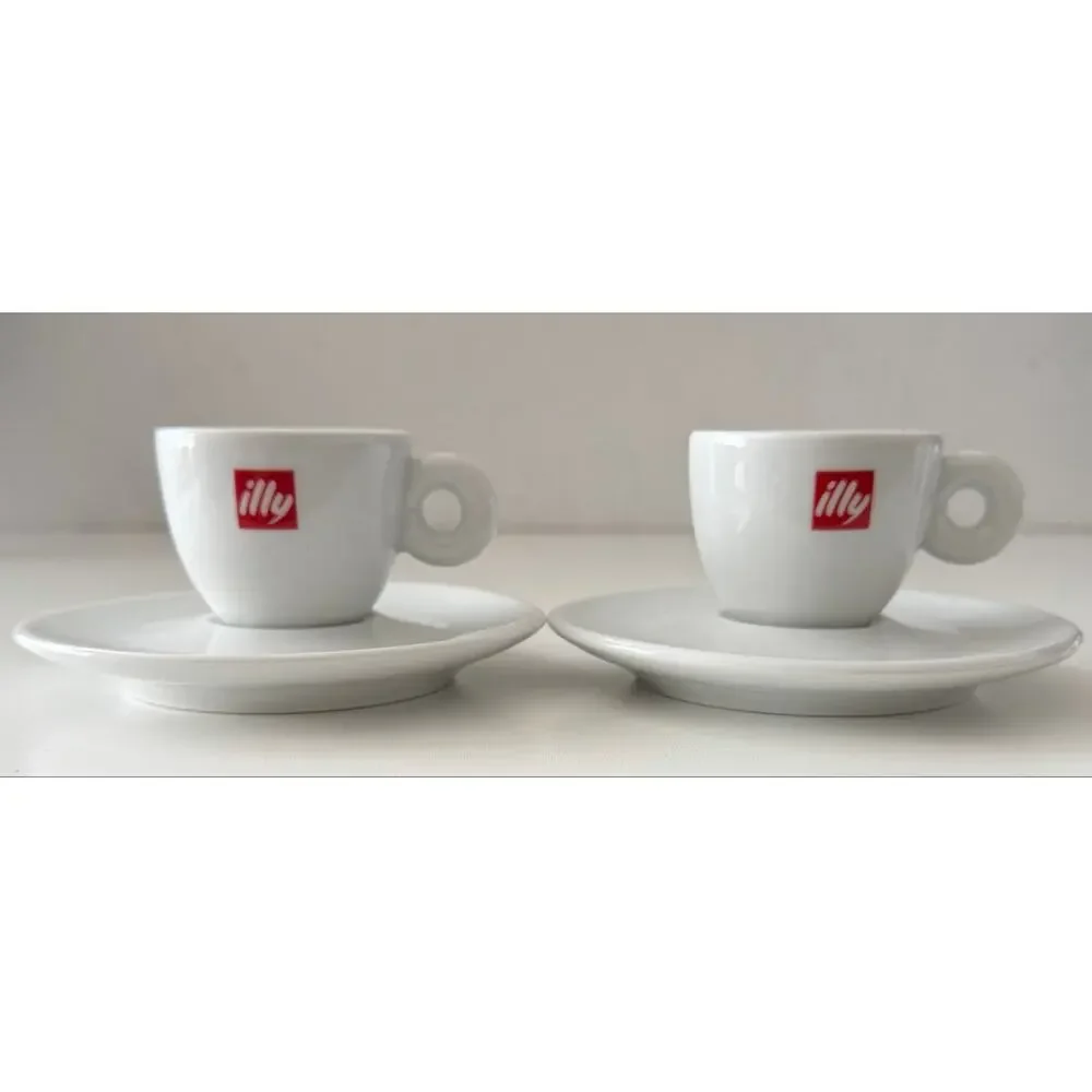 Illy Espresso Cups Saucers Set of 2 Portugal Porcelain Logo Spal Donut Handles